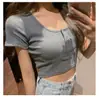Camiseta feminina de verão slim fit, gola redonda curta, cintura alta, modeladora, manga curta, top moda ins