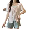2026 Verano Nuevo Estilo Tallas Grandes Mujer Inspirado en Diseño Falso Dos Piezas Patchwork Versátil Manga Corta Dulce Camiseta Top