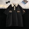 Camiseta de manga corta con solapa bordada de gofres retro americano para niños, marca de moda holgada, versátil para parejas, polo casual