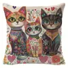 2025Temu Nueva Funda de Cojín Estampada de Lino con Dibujo de Gato de Dibujos Animados Linda Jit Decoración para Sala de Estar Sofá