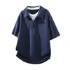 Camisa Polo Casual Jacquard Masculina de Verão M-XL com Efeito Duas Peças Caimento Solto Gola Reversível Manga Curta
