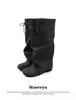 Design de Nicho Botas Longas de Salto Grosso com Cadarço para Panturrilha Franzida Não Acima do Joelho Bico Redondo Retrô Emagrecedoras Botas de Salto Alto