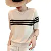 Nueva camiseta de punto de manga corta de algodón puro de verano, estilo coreano adelgazante, top casual simple a rayas fino para mujer
