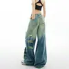 Jeans vintage degradê rasgado para homens e mulheres, novo corte solto, emagrecedor, versátil, calça longa de perna larga reta com bom caimento