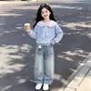 Conjunto de dos piezas para niña de principios de otoño, casual, juguetón, top azul marino con cuello de color contrastante, estilo coreano, dulce, lindo, con conejito, jeans