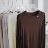 Camiseta de Manga Longa Macia em Lã Lyocell Tencel para Mulheres, Outono Estilo Coreano Malha Solta Emagrecedora Gola Redonda Alta Elasticidade