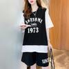 Verano Fresco Talla Grande Falso Traje Deportivo de Dos Piezas Estampado Estudiante Femenino Ropa de Baloncesto Holgada Manga Corta Shorts Traje de Dos Piezas