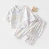 Conjunto de Gaze para Bebê Roupas de Casa para Bebê Manga Longa Top de Fibra de Bambu Calça Roupas de Verão com Ar Condicionado para Crianças Meninos Meninas