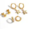 Pendientes Transfronterizos de Acero Inoxidable Estilo Marino Juego de Tres Piezas Estrella de Mar Concha Incrustada con Diamantes Círculo Clásico Pendientes Chapados en Oro Real de 18K