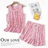 [Dropshipping/Venta al por mayor] Conjunto de pijama de verano para mujer con top de punto de algodón, estampado de dibujos animados, ropa de casa, talla grande