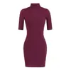Vestido de Cuello Alto de Media Manga para Mujer 2026 Nuevo Estilo Americano Chica Picante Color Sólido Vestido Base Elegante Vestido Bodycon que Favorece la Figura