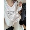 Camiseta feminina de manga comprida com estampa de letras brancas, outono e inverno, nova, lixamento, gola redonda interna, base, camisa solta, top emagrecedor