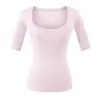 Top sexy de estilo americano con cuello cuadrado y manga tres cuartos, nuevo modelo de verano, que revela la clavícula, adelgazante, entallado a la cintura, camiseta corta