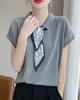 Camiseta Polo de Seda Gelo de Alta Qualidade com Lenço de Seda e Mangas Curtas para Mulheres Novo Estilo 2025 Elegante e de Estilo Ocidental