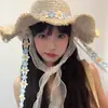 Sombrero de Paja Tejido con Cordones de Encaje para Mujer, Sombrero de Verano para Viaje con Ala Ancha, Sombrero de Protección Solar, Sombrero de Playa con Protección UV