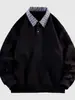 Sudadera de estilo americano con cuello polo de cuadros negros sin capucha para hombre y mujer, diseño de primavera y otoño, estilo universitario, camiseta de manga larga de dos piezas falsas