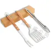Amazon mais vendido Aço Inoxidável Grelha para acampamento ao ar livre conjunto de ferramentas para churrasco doméstico conjunto combinado de cabo de madeira