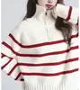 Otoño Invierno Transfronterizo Nuevo Estilo Media Cremallera Bloque de Color Raya Cuello Alto Tejido Suelto Jersey Sudadera Abrigo para Mujer