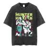 Camiseta Unisex Casual Lavado Ácido Retro con Logo de Anime Hunter X Hunter y Estampado de Flor de Cerezo Killua Gon