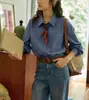 Camisa de Manga Larga Azul Lyocell Estilo Retro Francés Solighter para Mujer Otoño 2025 Nuevo Top Holgado