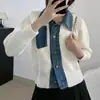 Cardigan de Punto Patchwork con Cuello de Polo Casual para Mujer Otoño/Invierno 2026, Aspecto de Dos Piezas con Cuello de Mezclilla, Tendencia
