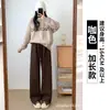 Pantalones de pierna ancha con estampado de espiga gris para mujer, otoño e invierno, de cintura alta, fluidos, de pierna recta, deportivos, de chenilla, casuales, de punto, con forro polar