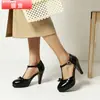 Sandálias femininas simples e versáteis para primavera e outono com uma única tira de fivela, design de tira em T, bico redondo, salto alto, salto grosso e sapatos femininos color-blocking