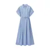 Vestido feminino de manga curta listrado retrô elegante com gola polo slim fit para atacado europeu e americano ins