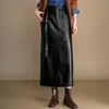 Saia de couro PU de cintura alta da moda com fenda para mulheres, novo estilo coreano outono 2026, saia bodycon versátil de comprimento médio justa ao corpo