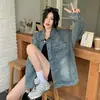 Jaqueta Feminina com Design Lavado e Desgastado, Tendência Retro Americana para Primavera e Outono 2025, Top Soltinho Estilo Ins em Azul da Moda