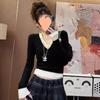 [Original] Suéter de mujer de dos piezas falsas con costuras de color contrastante 2025 nuevo de manga larga ajustado con cuello en V camisa básica top
