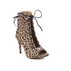 2025 Nuevas Sandalias de Tacón Alto de Aguja Boca de Pez con Cordones Frontales Estampado de Leopardo Mate Estilo Europeo y Americano Comercio Exterior Transfronterizo