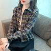 Camisa xadrez vintage Top Casual Jaqueta Curta Feminina Primavera e Outono 2024 Nova Camisa de manga comprida Top Sense All-match