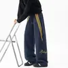 Em estoque: Outono de 2026 Calça casual listrada bordada de peso pesado 380g, calça de moletom reta solta unissex, calça esportiva moderna