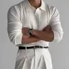 Camisa polo de manga larga estilo americano para hombre, nueva colección de otoño, diseño moderno y minimalista, adecuada para fitness y culturismo, con tejido de punto a rayas y un cuello clásico