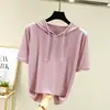 Camiseta de Seda de Gelo Feminina 2022 Novo Verão Fina Color Block Com Capuz Manga Curta Suéter Roupa Externa Top de Tricô Solto