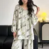 2026 Novo Pijama de Algodão e Seda Estilo Preguiçoso para Mulheres Conjunto de Pijama Pulôver Fino de Manga Curta Estilo Chinês Roupa de Casa Solta
