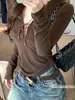 Fábrica Directa Estilo Chica Popular Camiseta de Manga Larga Marrón con Cordones y Borde Deshilachado para Mujer Otoño e Invierno Sexy Adelgazante Top Base