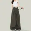 Pantalones Casuales Holgados de Pierna Ancha Color Caqui Perezoso para Mujer Nuevo Diseño con Pliegues Sueltos de Cintura Alta Versátiles