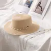 Sombrero de Paja Francés de Copa Plana Transfronterizo Estilo Mujer Cadena de Perlas Color Sólido Sombrero de Paja Verano en stock Sombrero Fresco Sombrero para el Sol