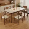 Mesa de comedor rectangular minimalista moderna nórdica de pizarra, madera maciza, color crema, apta para apartamentos pequeños, con sillas
