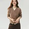 Moda Retrô para o Trabalho~75% Caxemira 25% Seda de Amora Tricô Feminino Cinco Agulhas Fio Fantasia Gola V Suéter Solto Emagrecedor