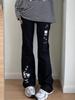 Calça jeans preta com estampa de caveira e gato da subcultura japonesa, casual, para meninas do ensino fundamental, outono e inverno, calças doces, todas combinando