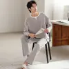 Pijama de Modal para Hombre, Estilo Primavera y Otoño, Color Sólido, Manga Larga, Pantalón Largo, Cuello Redondo, Sin Cierre, Holgado, Sencillo, Se Puede Usar Afuera, Ropa para el Hogar