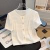Camisa de Cuello Redondo con Mangas Abullonadas Estilo Chanel para Mujer, Nuevo Modelo Verano 2026, Blusa Elegante y de Alta Gama con Textura
