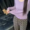 Elegante pijama morado taro con estrellas para mujer, conjunto de otoño de manga larga con cuello redondo y pantalón largo, agradable al tacto, adelgazante, para casa y para usar al aire libre