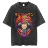 Camiseta Vintage Lavada do Anime Chainsaw Man com Gola de Marinheiro e Padrão Listrado, Camiseta Unissex Respirável e Confortável, Fabricada na China