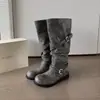 Botas de mezclilla de caña alta para otoño e invierno con hebilla, cinturón vintage, nuevas botas de moda 2026, botas de montar apiladas, prendas de abrigo western plisadas