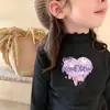 Camiseta Interior de Doble Cara De Rong para Niñas Temporada Otoño e Invierno Cuello Semi Alto Manga Larga Camiseta Infantil Cálida con Borde de Oreja de Madera Cepillada