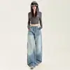 Jeans Anchos Lavados Arrugados Estilo Americano para Mujer, Nuevo Estilo de Verano, Sueltos y con Caída, Pantalones Versátiles de Cintura Alta, Pierna Recta, Largo hasta el Suelo